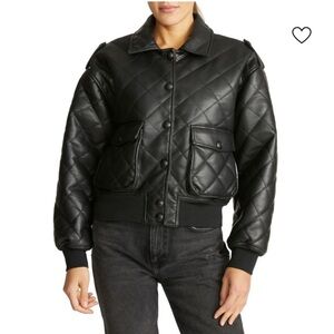 Rebecca Minkoff Black Vegan Leather Quilted Bomber Jacket, L